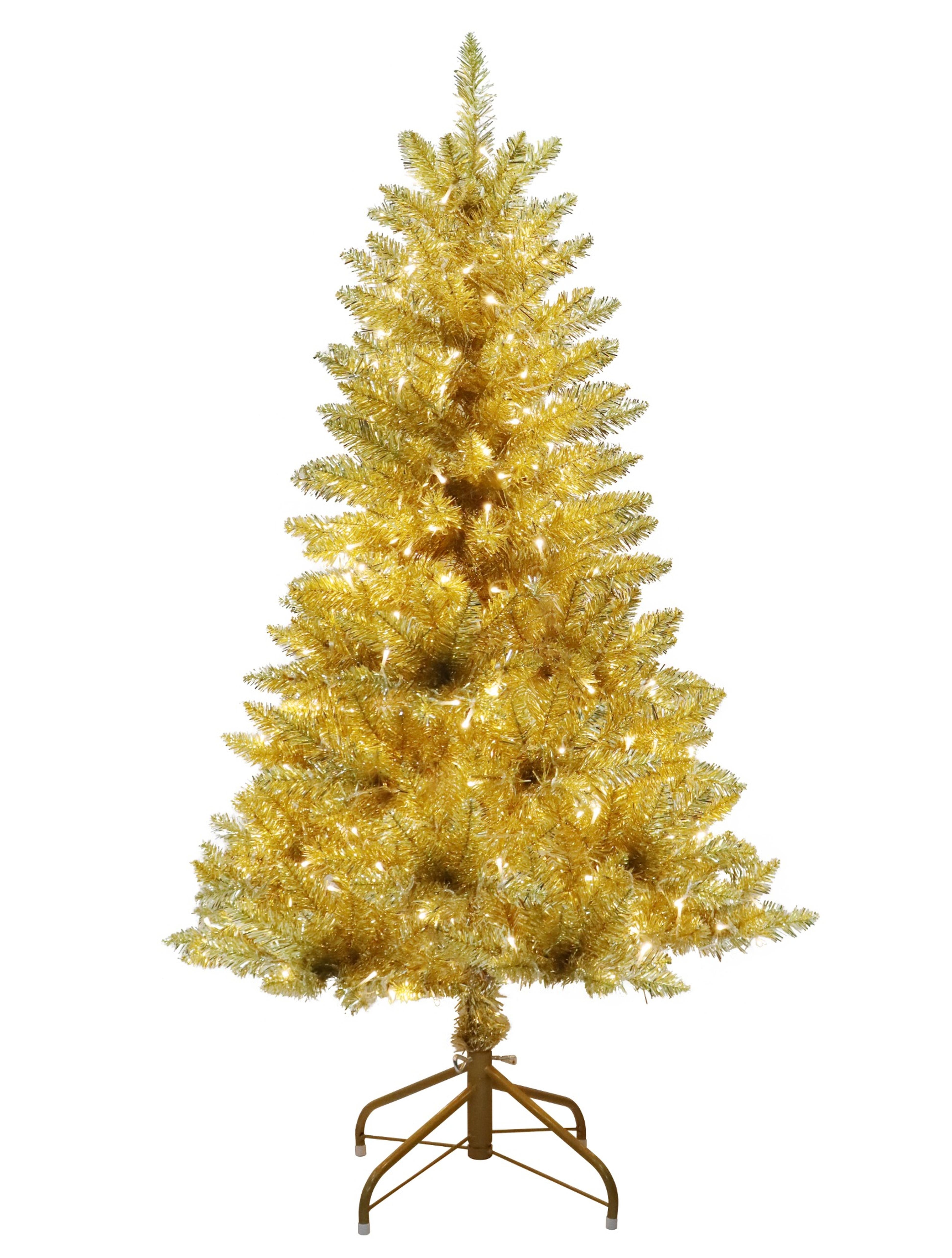 Puleo International 4.5ft Pre-Lit Evergreen Spruce Shiny Gold Champagne Tree with Dual Color LED Lights, Functions, Foot Pedal, and Remote Control